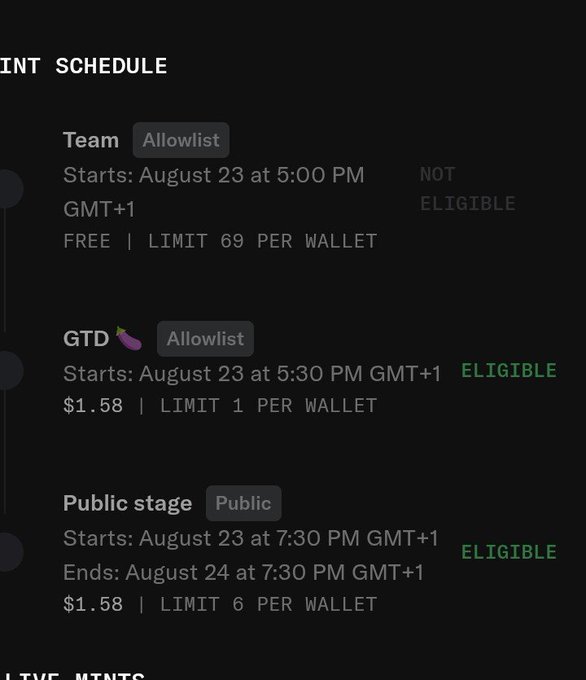 A cryptocurrency mint schedule screen showing Team (Allowlist), GTD (Allowlist), and Public stages with their respective eligibility statuses and prices.