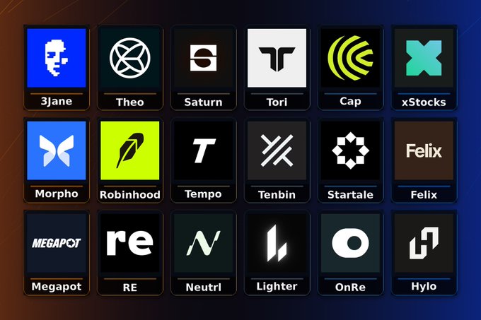 A grid of 18 fintech/crypto app logos with names including 3Jane, Theo, Saturn, Tori, Cap, xStocks, Morpho, Robinhood, Tempo, Tenbin, Startale, Felix, Megapot, RE, Neutral, Lighter, OnRe, and Hylo.