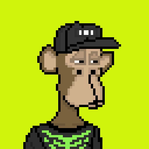 Pixel art illustration of a Bored Ape-style NFT character wearing a black cap with 'HODL' text on the brim, featuring brown fur and a green lightning bolt shirt against a yellow-green background.