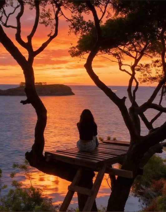 A person sits on a wooden platform among trees overlooking calm water and islands during a vivid orange sunset.