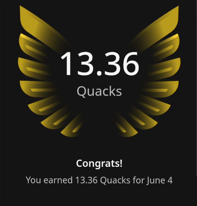 This is an image of a post on Twitter featuring an accomplishment, which reads: "congrats you earned 13.36 Quacks for June 4!". The image shows a graphic design of a bird's wing with golden colors next to a line that says 'quacks'. This implies the user has earned 13.36 Quacks in a specific area or activity. The post indicates this accomplishment might be related to a slow-paced timeline, possibly indicating how web3 is slowly focusing on real-world utility and coordination rather than experimentation.