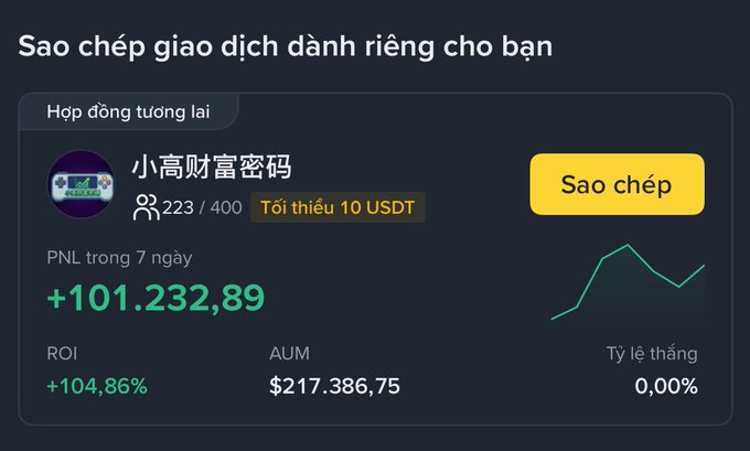 A Vietnamese crypto trading interface titled 'Sao chép giao dịch dành riêng cho bạn' showing a 'Hợp đồng tương lai' futures contract with a 'Sao chép' button, displaying PNL of +101.232,89, ROI of +104,86%, and AUM of $217.386,75.