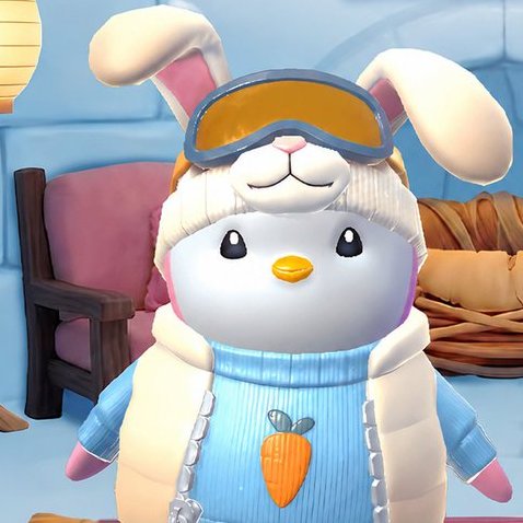 A 3D rendered character wearing a bunny hat with orange ski goggles, a cream vest, and a light blue sweater featuring a carrot design, set in a cozy room with a chair and basket.