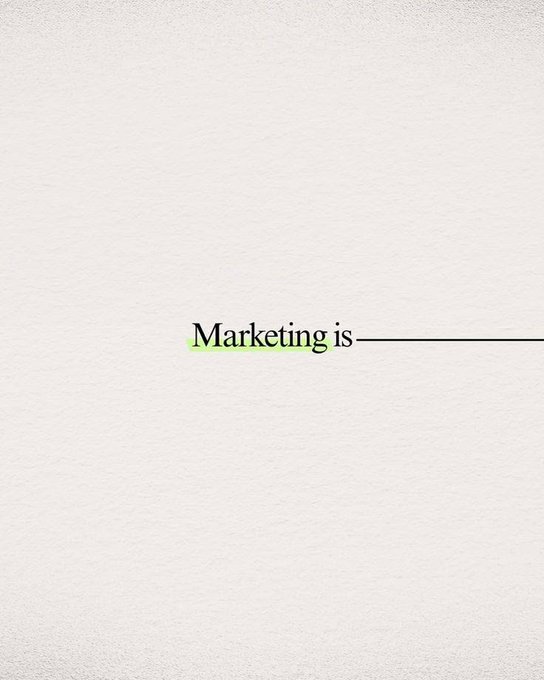 A minimalist cream background with the text "Marketing is" followed by a blank line, suggesting a fill-in-the-blank phrase.