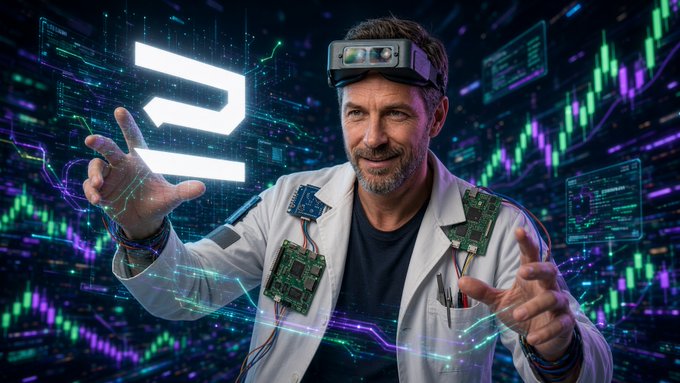 A smiling man in a lab coat with exposed circuitry on his clothing reaches toward a glowing white 'D' logo, set against a background of colorful financial candlestick charts.