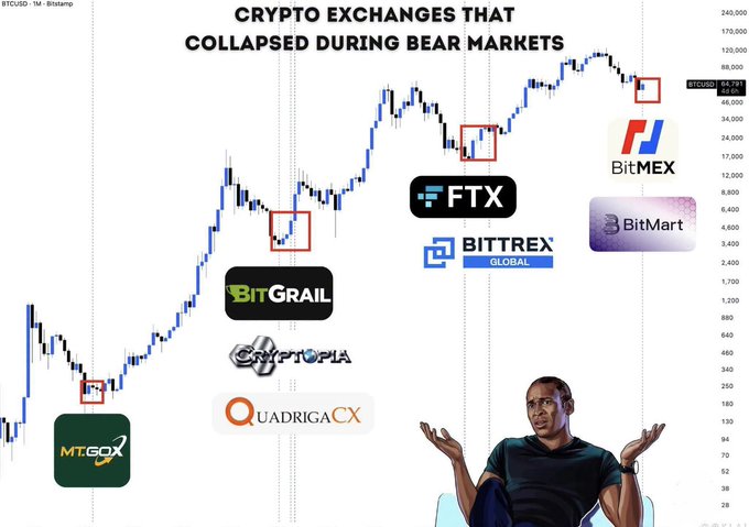 An infographic titled 'CRYPTO EXCHANGES THAT COLLAPSED DURING BEAR MARKETS' featuring logos of failed exchanges like Mt. Gox, QuadrigaCX, Cryptopia, BitGrail, Bittrex, FTX, BitMart, and BitMEX overlaid on a BTC/USD chart, with an image of a shrugging man in the corner.