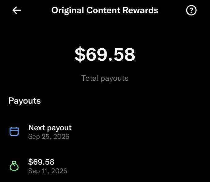 A screenshot of an 'Original Content Rewards' page showing $69.58 in total payouts, with the next payout scheduled for Sep 25, 2026.