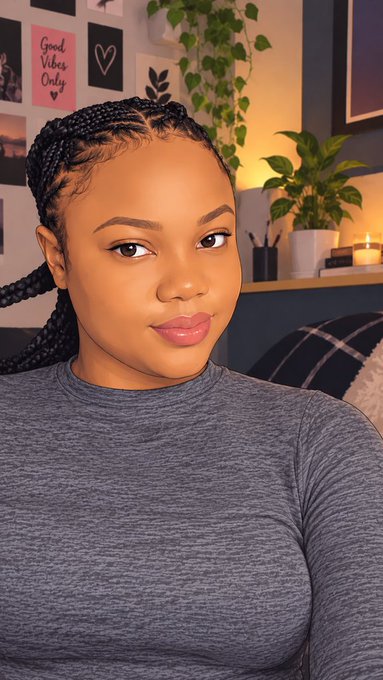 A woman with long braided hair wearing a grey top takes a selfie in a room decorated with posters reading 'Good Vibes Only' and 'LOVE', plants, and a candle.