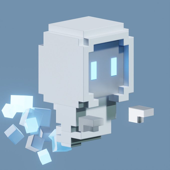 A 3D voxel-style rendering depicts a white blocky ghost character with blue glowing eyes floating against a soft blue background.