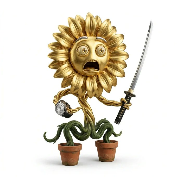 A 3D-rendered golden sunflower with a shocked facial expression wields a katana and wears a wristwatch, standing on legs made of green vines that sprout from terracotta pots. The image illustrates the "BRAINROT" NFT #8949, which was sold for 0.125 ETH ($199.16), showcasing the character's quirky and surreal design.