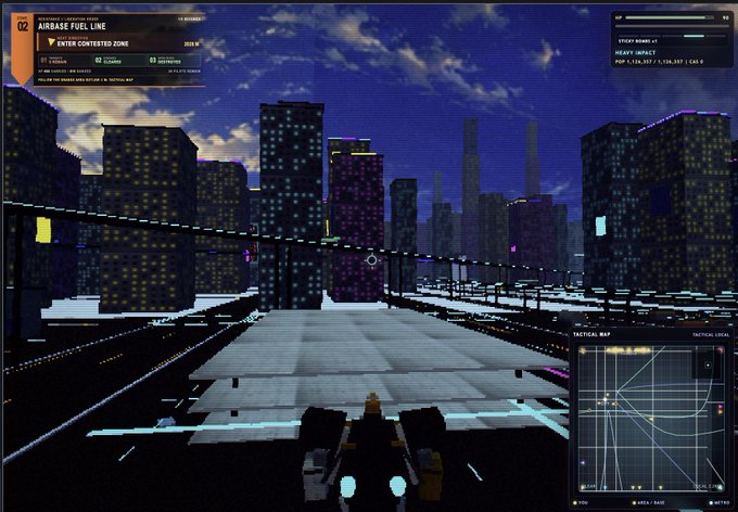 A first-person view from a sci-fi video game titled 'Airbase Fuel Line', showing a futuristic city skyline at night with HUD elements.