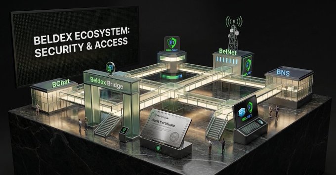 A 3D rendering titled 'BELDEX ECOSYSTEM: SECURITY & ACCESS' displays interconnected buildings labeled BChat, BelDex Bridge, BelNet, and BNS, along with a network tower, an audit certificate, and a laptop.
