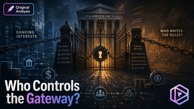 A graphic titled 'Who Controls the Gateway?' featuring an illustration of chained gates with the 'CLARITY ACT' inscribed above, depicting themes of 'BANKING INTERESTS' versus 'CONTROL THE FLOW' with various crypto and financial icons, labeled 'Original Analysis' in the corner.