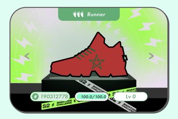 A STEP'N app activity card showing a red 'Runner' sneaker NFT with 100.0/100.0 energy and stats including a sneaker ID of 190312778.