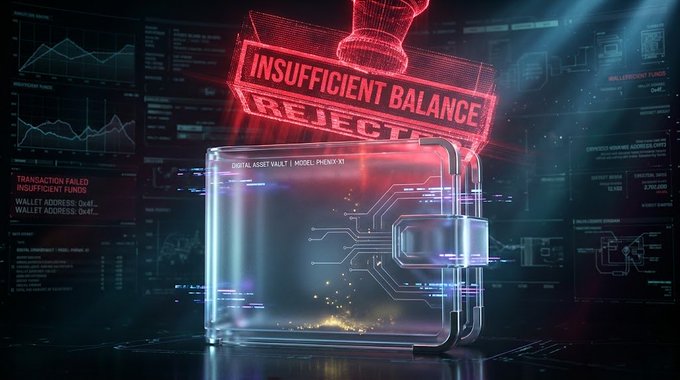 A digital graphic showing a transparent digital wallet with a glowing red stamp reading 'INSUFFICIENT BALANCE' and 'REJECT' over it, with transaction failure data displayed on the surrounding screens.
