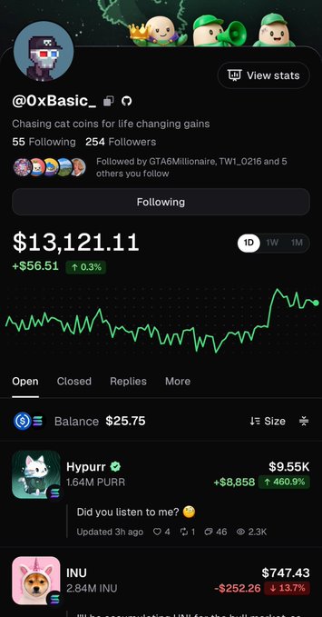 A crypto trading profile for @0xBasic shows a balance of $13,121.11 with a +$56.51 gain, featuring top holdings including Hypurr ($9.55K) and INU ($747.43).