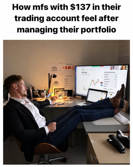 The image shows a well-dressed man in a suit relaxing with his feet up on his desk, with a monitor displaying "$137.42" and "My Fundamentals Today" alongside stock charts, while the caption reads "How mfs with $137 in their trading account feel after managing their portfolio." The post's quote about managing $137 like running a BlackRock desk perfectly matches the meme's humor, poking fun at retail traders who feel like Wall Street titans despite having a tiny account balance.