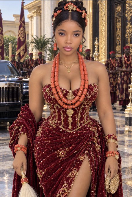 A woman adorned in a richly embroidered deep red gown with gold detailing stands in an opulent setting, wearing layered coral bead necklaces, a coral headpiece, and gold jewelry, with attendants in patterned attire visible behind her.