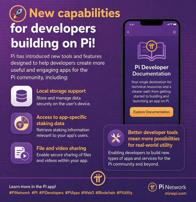 A promotional graphic titled "New capabilities for developers building on Pi!" highlights Pi Network's new developer tools, including local storage support, access to app-specific staking data, and file and video sharing, alongside a smartphone mockup showing "Pi Developer Documentation" with an "Explore Documentation" button and hashtags #PiNetwork, #Pi, #PiDevelopers, #PiApps, #Web3, #Blockchain, and #PiUtility directing users to minepi.com.