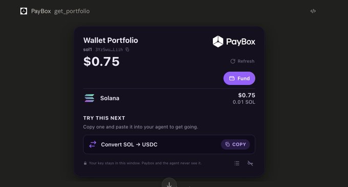 The image shows a "PayBox Wallet Portfolio" displaying a balance of $0.75 in 0.01 SOL (Solana), along with a suggested action prompt to "Convert SOL → USDC" that can be copied for an AI agent. This relates to the post by showcasing a streamlined crypto wallet interface integrated with AI agent capabilities, highlighting the seamless user experience the user is praising from Moonpay.