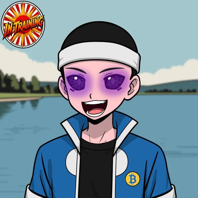 An anime-style illustration of a smiling character wearing a black and white cap and a blue jacket with a Bitcoin (₿) logo patch, with an "IN TRAINING" badge in the upper left corner.
