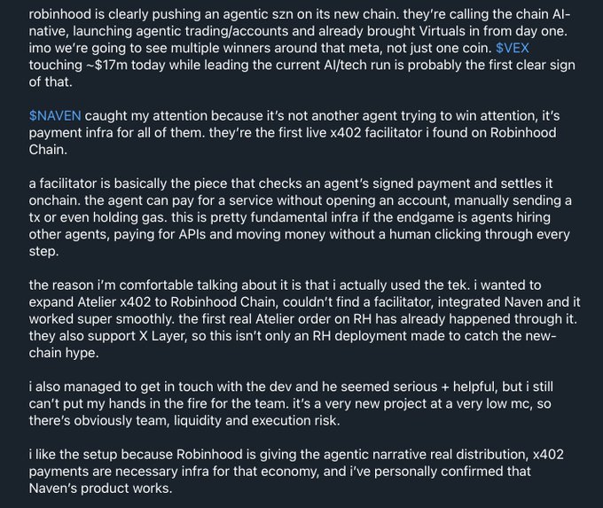 The image shows a detailed analysis of $VVEL and $NAVEN, highlighting $NAVEN as the first live x402 facilitator on Robinhood Chain, providing payment infrastructure for AI agents. The post aligns with this analysis, suggesting devs are bullish on $NAVEN and warning not to learn the hard way, reinforcing the image's argument about Naven's potential in the agentic economy.