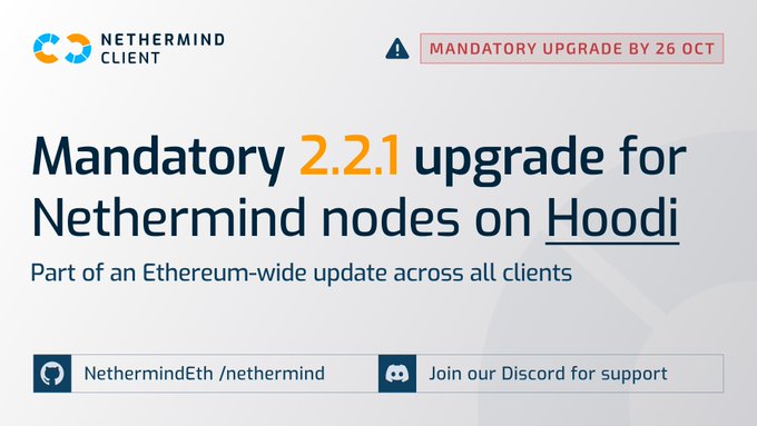 A Nethermind Client notice reads “Mandatory 2.2.1 upgrade for Nethermind nodes on Hoodi,” “Part of an Ethereum-wide update across all clients,” and “MANDATORY UPGRADE BY 26 OCT.”
