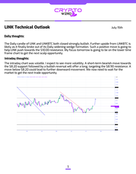 A LINK Technical Outlook chart from CryptoWZRD dated July 15th, showing a daily candlestick chart of LINK/USDT with bullish intraday movement and resistance near $8.90, aligning with the post's analysis of a potential short-term dip to $8.20 before a long position toward $8.90.