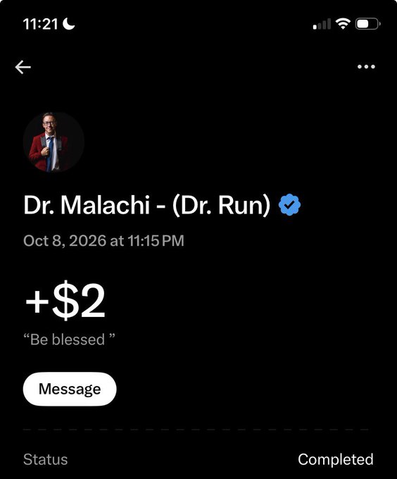 A payment notification from 'Dr. Malachi - (Dr. Run)' with a verified checkmark for +$2 with the message 'Be blessed', dated Oct 8, 2026.