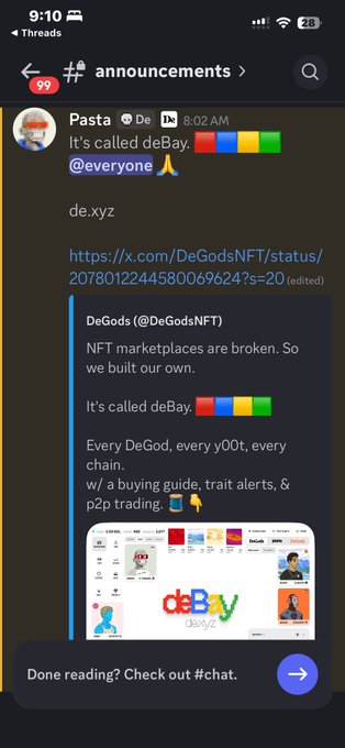 A Threads screenshot from the #announcements channel shows user "Pasta" announcing DeGods' new NFT marketplace called "deBay" at de.xyz, citing a tweet by @DeGodsNFT that states "NFT marketplaces are broken. So we built our own." The announcement directly supports the post's praise for DeGods expanding beyond collectibles into building their own trading infrastructure and tech.