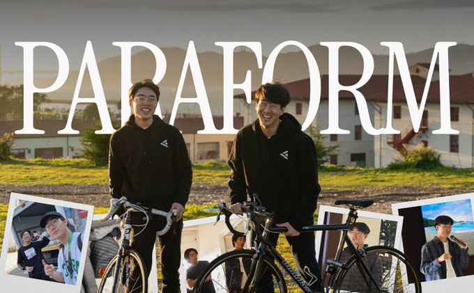 Two young men wearing black PARA hoodies stand with bicycles in front of a building, with the PARA brand name overlaid and Polaroid-style photos at the bottom.