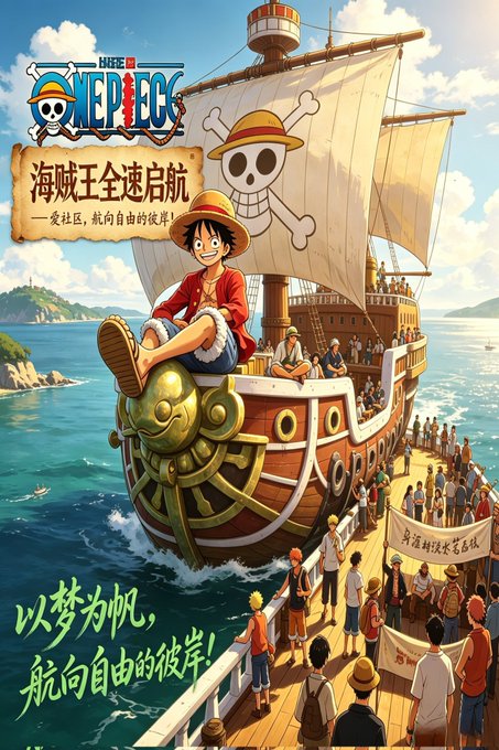 A One Piece anime poster features Monkey D. Luffy sitting on the bow of his pirate ship with the Straw Hat crew behind him, with Chinese text reading '海贼王全速启航 — 爱社区,航向自由的彼' and '以梦为帆,航向自由的彼岸!'
