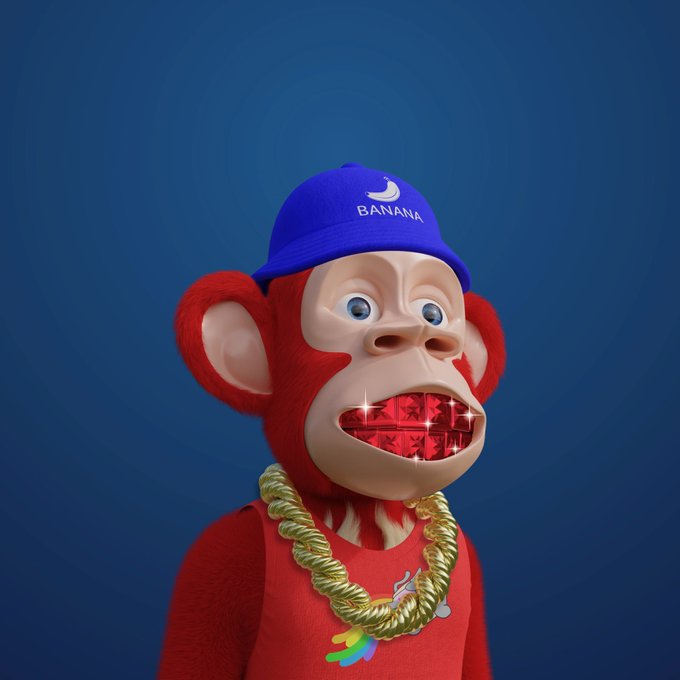 A 3D-rendered red monkey character wearing a blue cap with the word 'BANANA' and a moon logo, a red shirt with an Apple logo, and a large gold chain necklace, standing against a blue background.