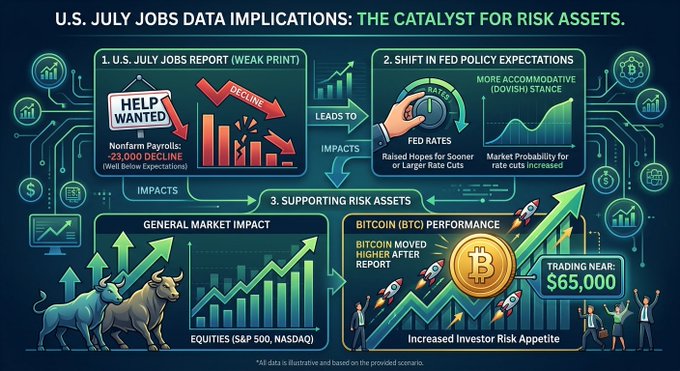 An infographic titled 'U.S. JULY JOBS DATA IMPLICATIONS: THE CATALYST FOR RISK ASSETS' illustrating how the weak nonfarm payrolls report impacts Fed rate expectations, equities, and Bitcoin (trading near $65,000).
