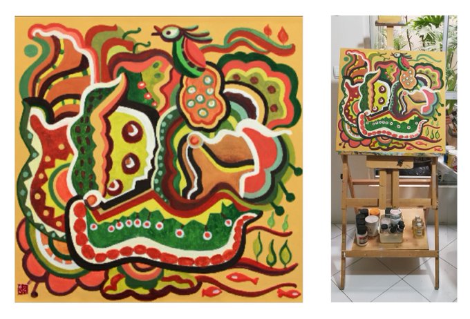 An abstract, colorful painting featuring swirling organic shapes in red, green, and yellow is displayed both as a flat image and on a wooden easel in a studio setting.