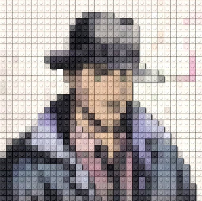 A pixelated Lego-style mosaic portrait of a man with long dark hair and a wide-brimmed hat, rendered in colored studs on a baseplate.