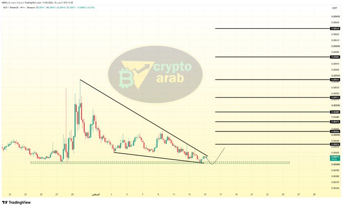 A TradingView chart shows ACH/USDT on Binance, displaying a descending triangle pattern with the price consolidating near $0.0245-0.0250 after a recent rally, aligning with the post's claim that the corrective wave is nearing completion and ready for a renewed upward move.