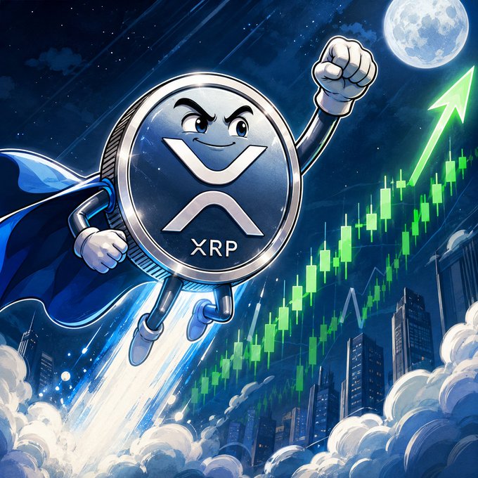 The cartoon shows a superhero XRP coin soaring above a city skyline with a glowing green upward arrow and candlestick chart in the background, and "XRP" labeled at the bottom. The image reinforces the post's bullish narrative by depicting XRP as a powerful, unstoppable hero rising rapidly into the sky, visually echoing the claim about its explosive past price surge and optimistic outlook for this cycle.