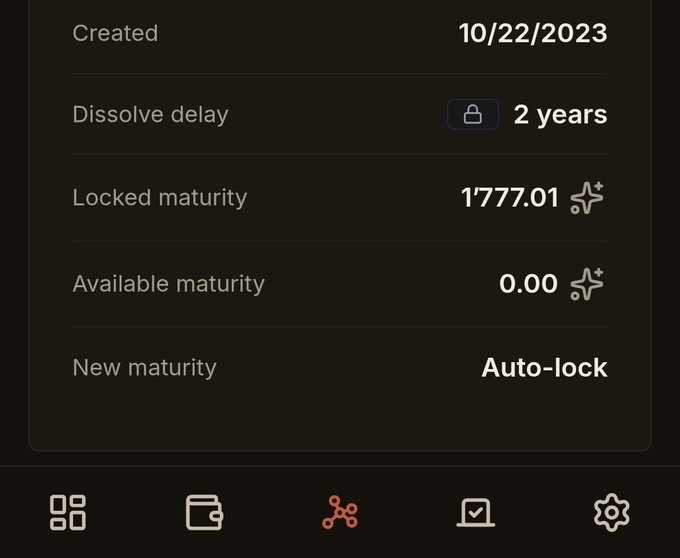 Cryptocurrency wallet app screen showing a position created on 10/22/2023 with a 2-year dissolve delay, 1777.01 locked maturity, and 0.00 available maturity set to auto-lock.