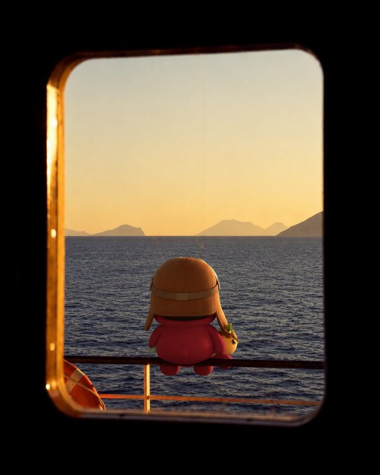 A small plush toy sits on a railing, gazing out through a porthole window at a sunset over the ocean and distant mountains.