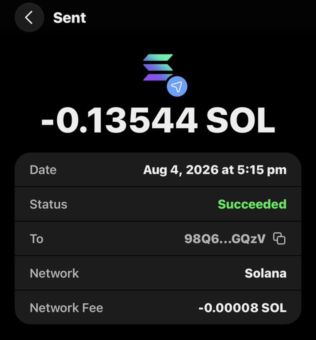A screenshot of a successful Solana transaction showing 0.13544 SOL sent to address 98Q6...GQzV on August 4, 2026, with a network fee of 0.00008 SOL—visually confirming the "SOL" transfer mentioned in the post.