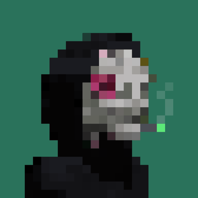 A low-resolution pixel art profile of a character wearing a white and gray helmet with pink and red details, featuring a cigarette with a glowing green tip, set against a solid green background.