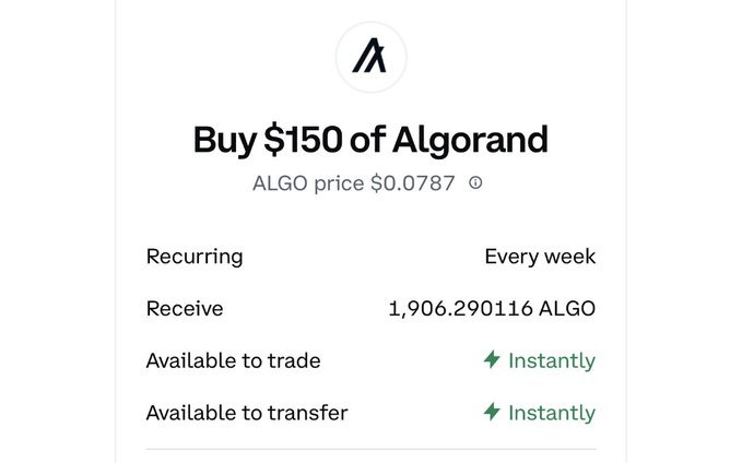 A screenshot of a crypto purchase confirmation showing a recurring weekly buy of $150 of Algorand (ALGO) at a price of $0.0787, resulting in 1,906.290116 ALGO, with both trading and transferring available instantly—reflecting the poster's optimism about the investment.