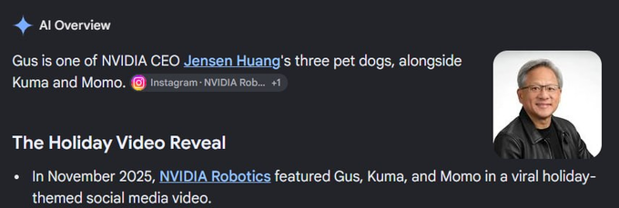 The image is an AI Overview snippet stating that "Gus is one of NVIDIA CEO Jensen Huang's three pet dogs, alongside Kuma and Momo," sourced from NVIDIA Robotics' Instagram. It highlights a connection to the $GUS token launch paired to NVDA with fees directed to Jensen Huang, emphasizing the real-world inspiration behind the meme coin referencing Huang's pet dog.