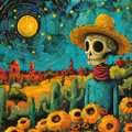 A pixel art rendition of Van Gogh's 'Sunflowers' featuring a skeleton figure wearing a straw hat standing among sunflowers under a starry night sky.