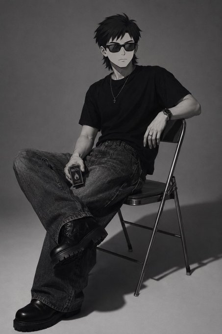 A black and white studio photo of an anime-style young man with messy black hair and sunglasses, wearing a black t-shirt, cross necklace, and baggy jeans, sitting on a folding chair while holding a phone.