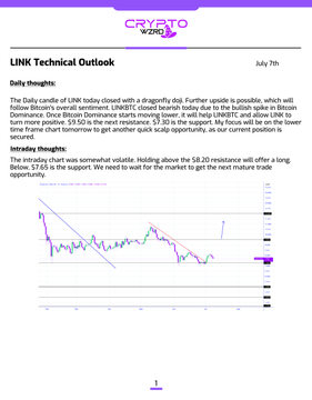 The image is a technical analysis document titled "LINK Technical Outlook" from CryptoWZRD dated July 7th, featuring a price chart and commentary on LINK's indecisive daily close with a bearish bias, while the intraday chart remains range-bound between $7.65 support and $8.20 resistance levels.