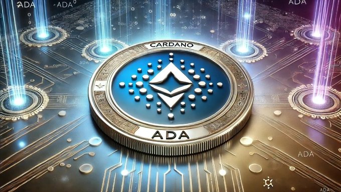 A digital artwork of a Cardano (ADA) coin resting on a glowing circuit board with blue and purple light beams and 'ADA' text floating around.