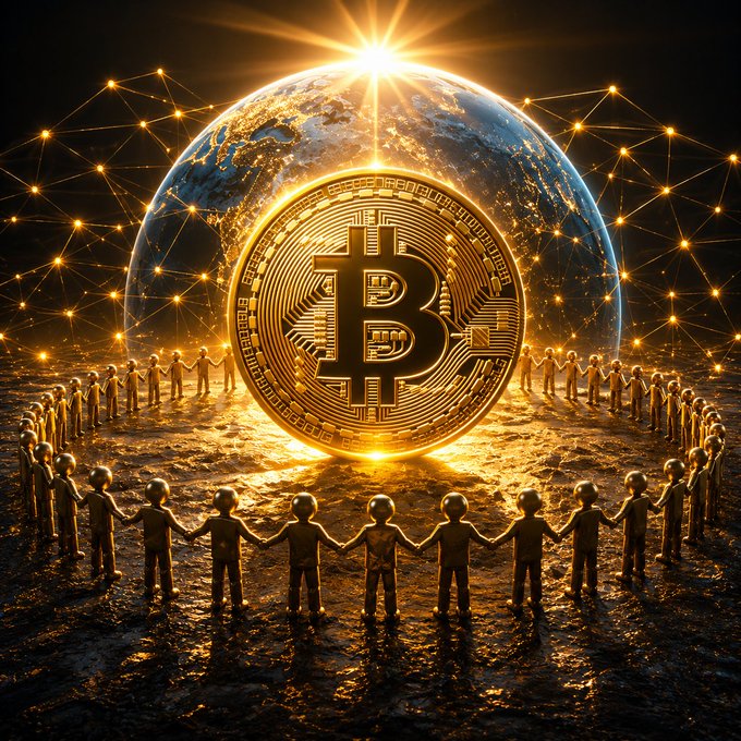 A glowing golden Bitcoin coin stands at the center of the Earth, surrounded by a circle of human figures holding hands under a radiant sun and interconnected network of light. The image visually reinforces the post's message of global unity and equal access to information, with the Bitcoin symbol serving as a beacon of a borderless, inclusive financial world where everyone is welcomed and connected.