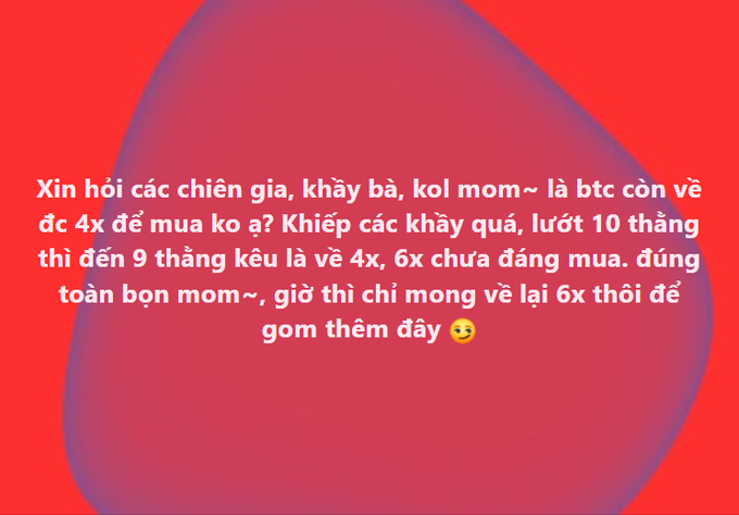 A text graphic with a red and purple gradient background containing a message in Vietnamese asking stock experts for advice on accumulating a specific stock.